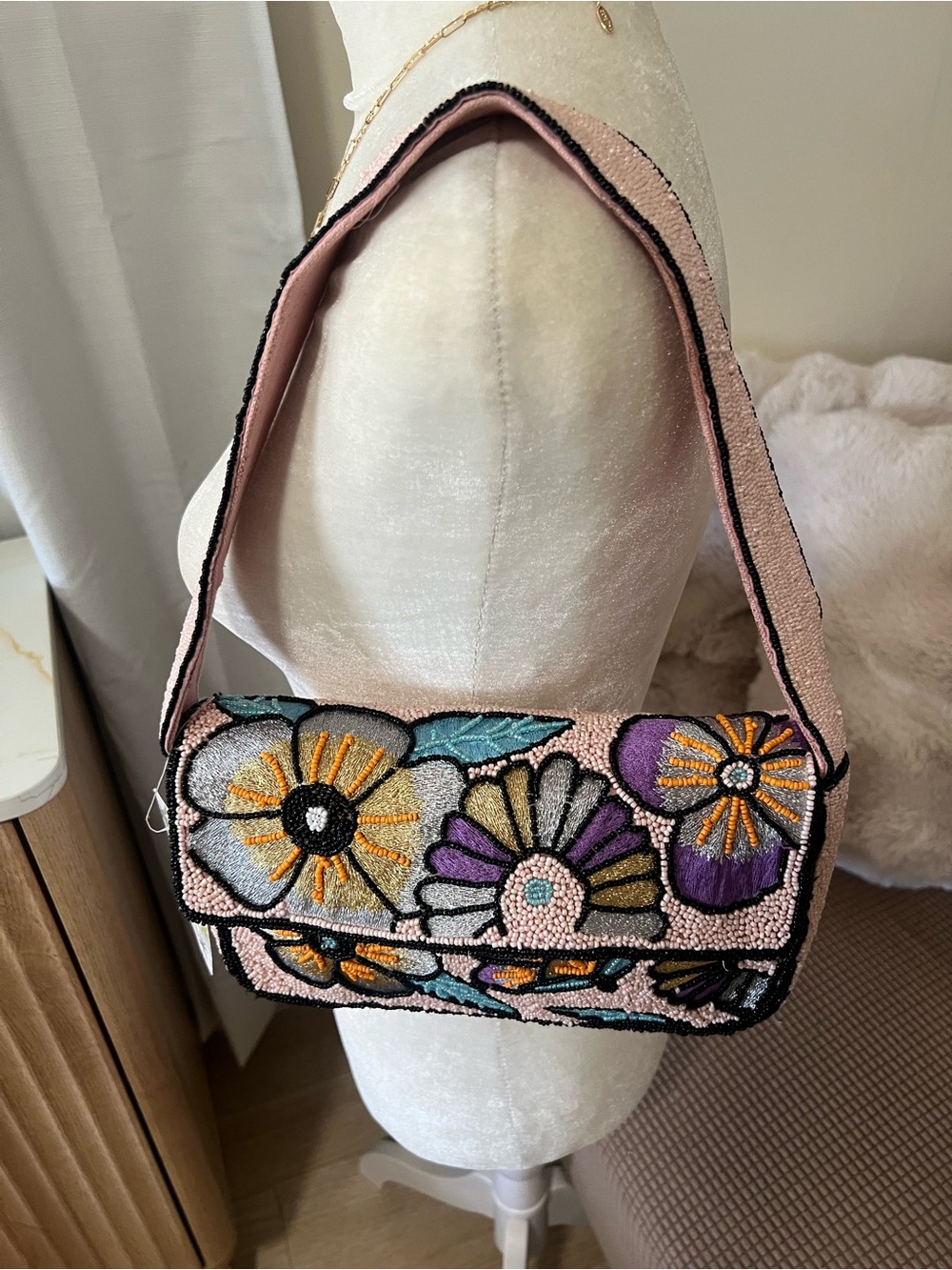 Embroidered Floral Shoulder Bag in Light Pink